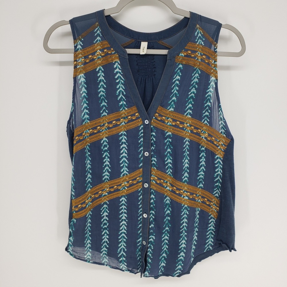 TINY Anthropologie Embroidered Mixed Print Tank Top‎ Women Sz S Blue Boho V Neck